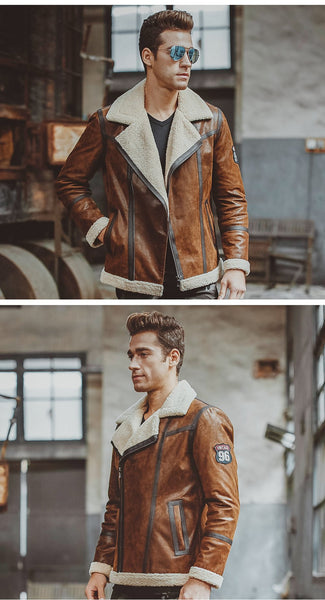 Men's Genuine Pigskin Leather Shearling Motorcycle Bomber Jackets - SolaceConnect.com