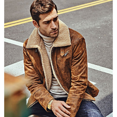 Men's Genuine Pigskin Leather with Faux Shearling Motorcycle Jacket Bomber - SolaceConnect.com