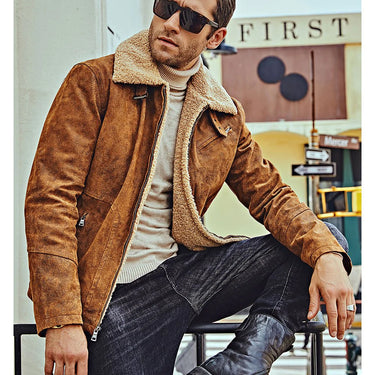 Men's Genuine Pigskin Leather with Faux Shearling Motorcycle Jacket Bomber  -  GeraldBlack.com