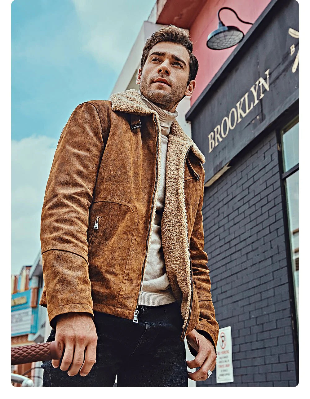 Men's Genuine Pigskin Leather with Faux Shearling Motorcycle Jacket Bomber  -  GeraldBlack.com