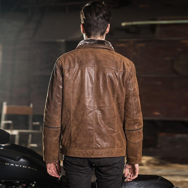Men's Genuine Pigskin Leather Zipper Closure Warm Motorcycle Jacket - SolaceConnect.com