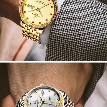 Men's Gold Red Mechanical Automatic Dial Stainless Steel Waterproof Watch - SolaceConnect.com
