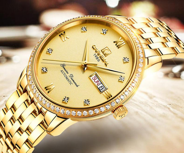 Men's Gold Red Mechanical Automatic Dial Stainless Steel Waterproof Watch - SolaceConnect.com