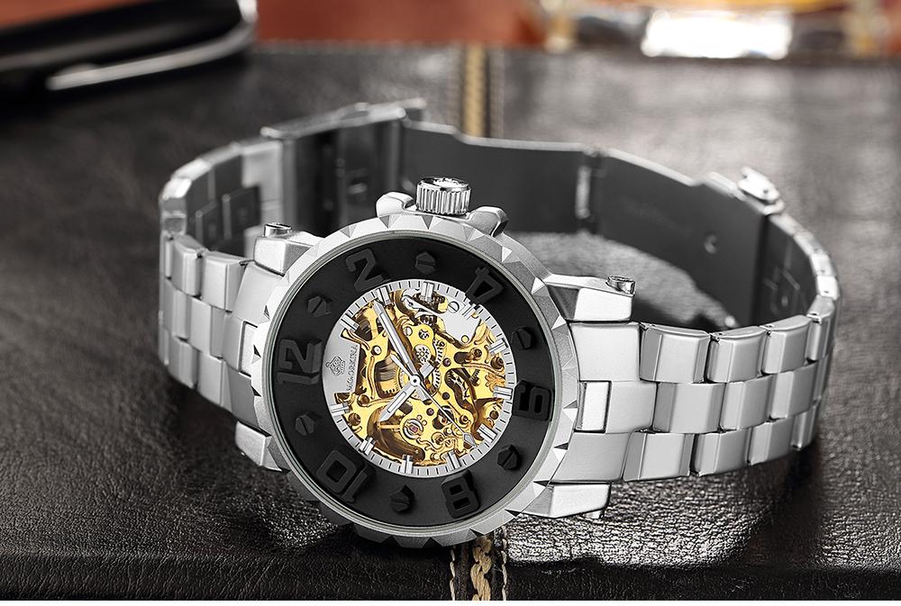 Men's Golden Black Luminous Skeleton Round Case Mechanical Wrist Watch  -  GeraldBlack.com