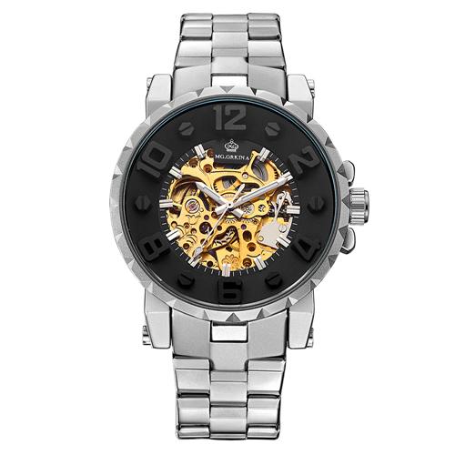 Men's Golden Black Luminous Skeleton Round Case Mechanical Wrist Watch - SolaceConnect.com