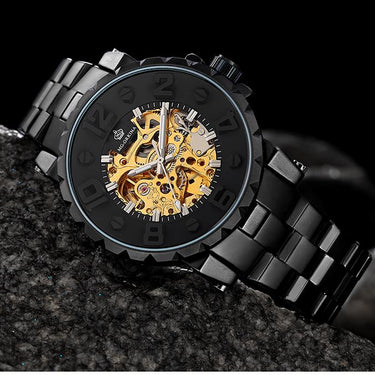 Men's Golden Black Luminous Skeleton Round Case Mechanical Wrist Watch - SolaceConnect.com