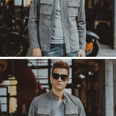 Men's Gray Genuine Pigskin Leather Solid Winter Motorcycle Jacket - SolaceConnect.com