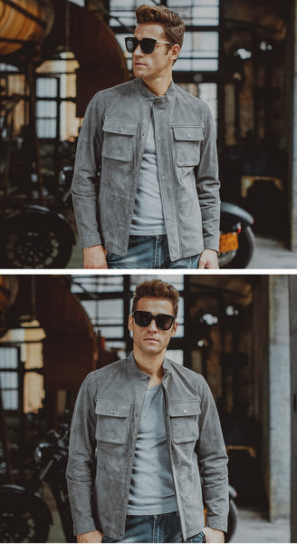 Men's Gray Genuine Pigskin Leather Solid Winter Motorcycle Jacket - SolaceConnect.com
