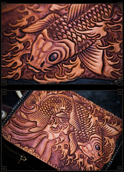 Men's Hand-carved Carp Vegetable Tanned Leather Shoulder Messenger Bags  -  GeraldBlack.com