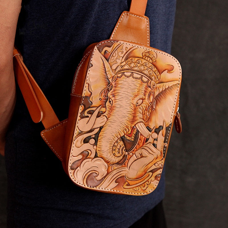 Men's Hand-carved Elephant Vegetable Tanned Leather Shoulder Bag  -  GeraldBlack.com