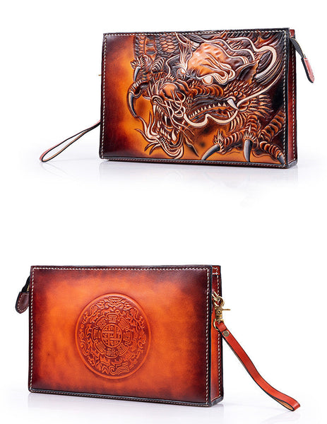 Men's Hand-made Chinese Dragon Vegetable Tanned Leather Handbag  -  GeraldBlack.com