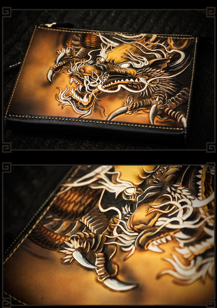 Men's Hand-made Vegetable Tanned Leather Chinese Dragon Clutch Purse  -  GeraldBlack.com