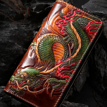 Men's Handmade Carving Double Dragon Blessing Long Clutch Leather Wallets  -  GeraldBlack.com