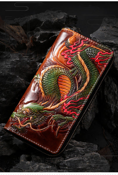 Men's Handmade Carving Double Dragon Blessing Long Clutch Leather Wallets  -  GeraldBlack.com