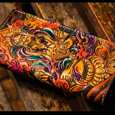 Men's Handmade Carving The God Of Wealth Long Clutch Leather Wallets  -  GeraldBlack.com