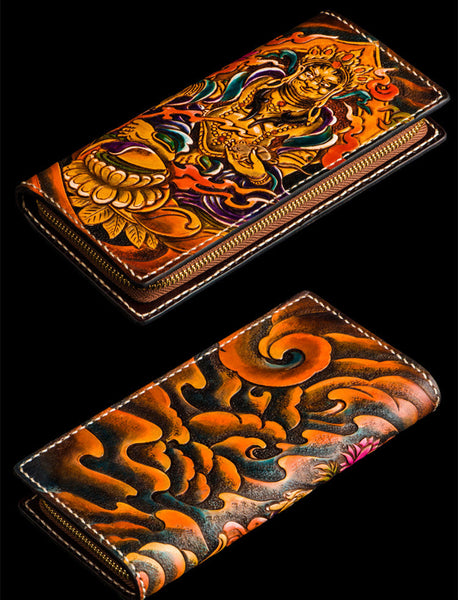 Men's Handmade Carving The God Of Wealth Long Clutch Leather Wallets  -  GeraldBlack.com