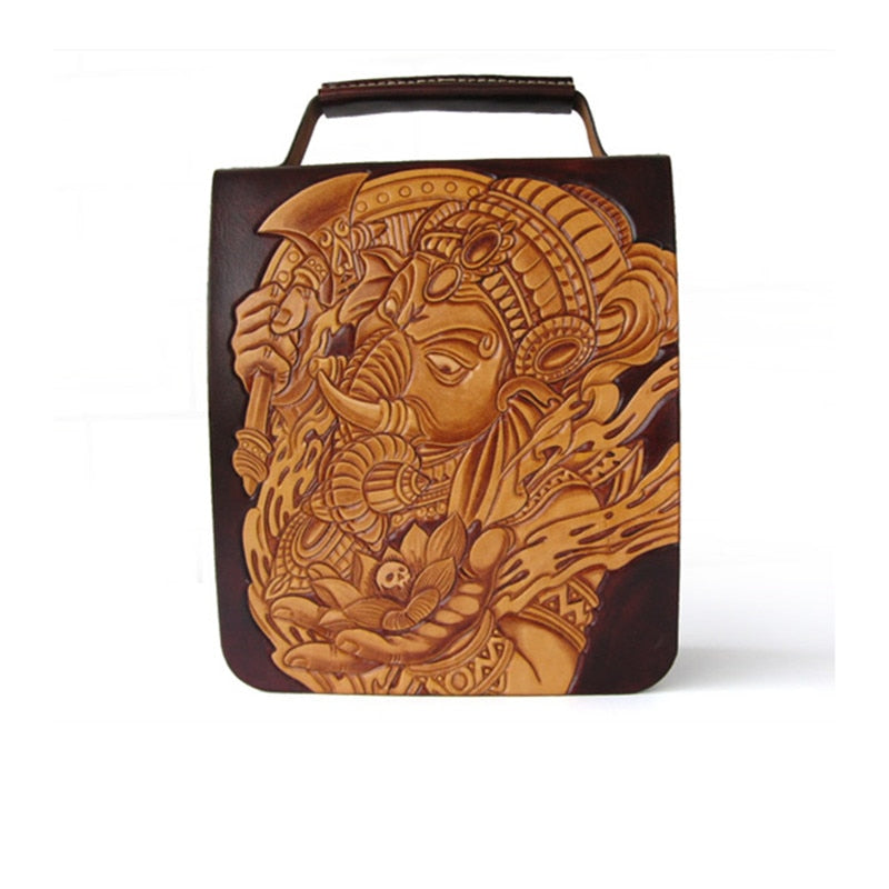 Men's Handmade Carvings Elephant God Vegetable Tanned Leather Handbag  -  GeraldBlack.com