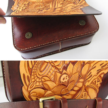 Men's Handmade Carvings Elephant God Vegetable Tanned Leather Handbag  -  GeraldBlack.com