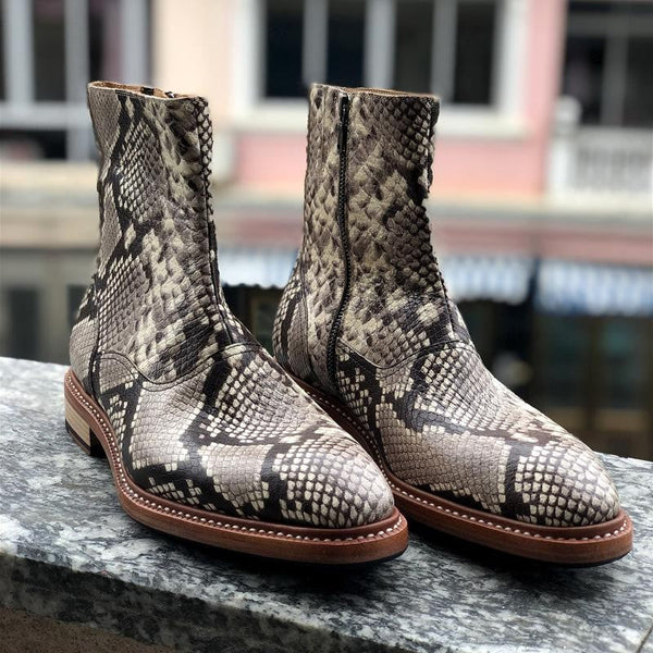 Men's Handmade Pointed Toe Genuine Leather Snake Pattern Boots ...