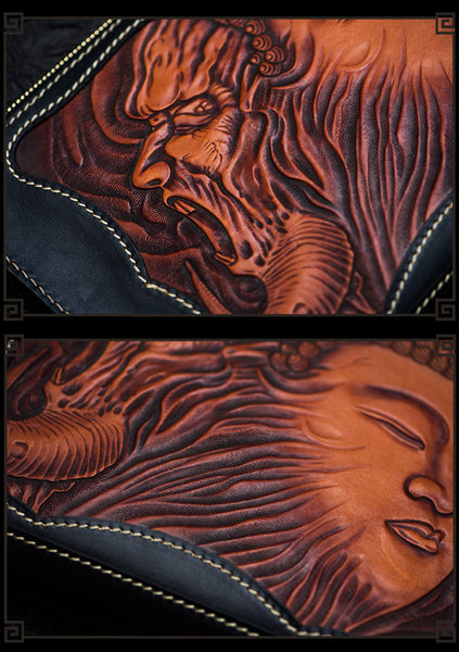 Men's Handmade Vegetable Tanned Leather Carving Buddha Demon Purse  -  GeraldBlack.com