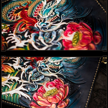 Men's Handmade Vegetable Tanned Leather Carving Dragon Fish Handbags  -  GeraldBlack.com
