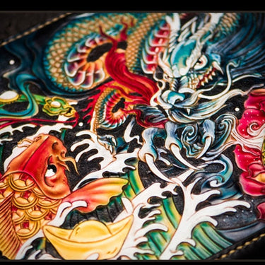 Men's Handmade Vegetable Tanned Leather Carving Dragon Fish Handbags  -  GeraldBlack.com
