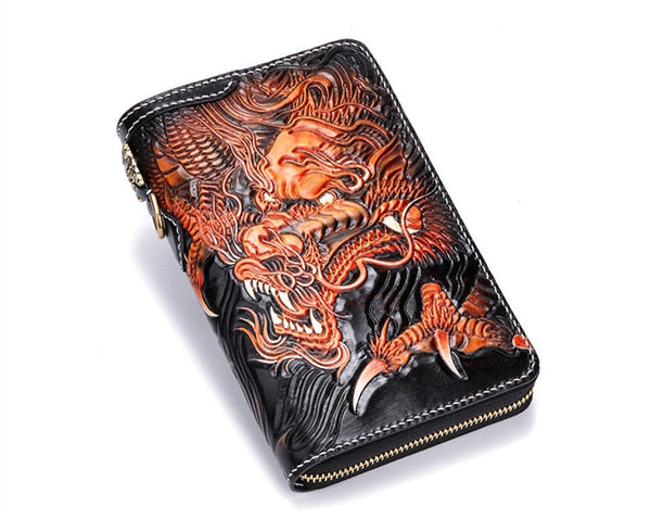 Men's Handmade Vegetable Tanned Leather Carving Dragon Tiger Wallets  -  GeraldBlack.com