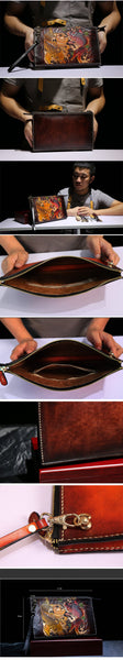 Men's Handmade Vegetable Tanned Leather Carvings Carp Clutch Purse  -  GeraldBlack.com