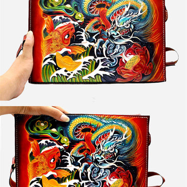 Men's Handmade Vegetable Tanned Leather Carvings Dragon and Fish Handbag  -  GeraldBlack.com