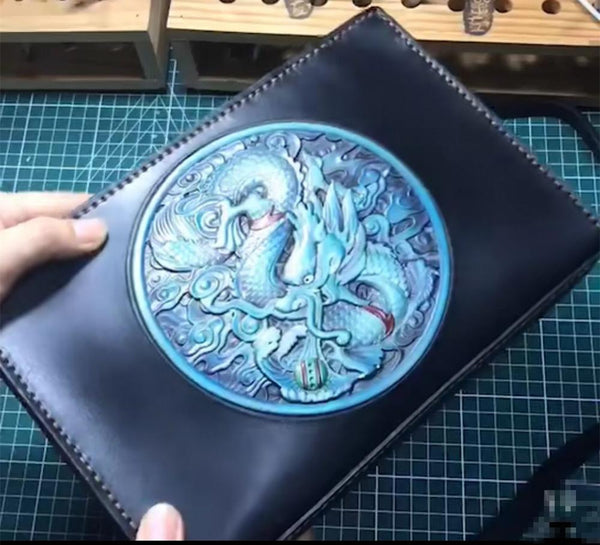 Men's Handmade Vegetable Tanned Leather Carvings Dragon Handbag  -  GeraldBlack.com