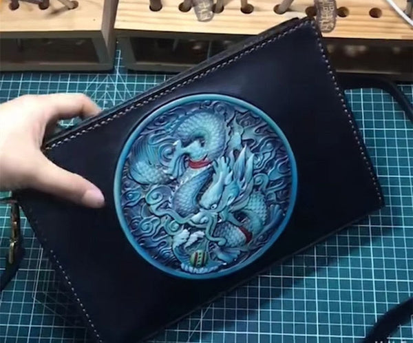 Men's Handmade Vegetable Tanned Leather Carvings Dragon Handbag  -  GeraldBlack.com