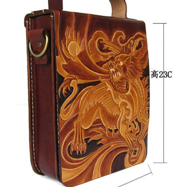 Men's Handmade Vegetable Tanned Leather Carvings Elephant Design Bag  -  GeraldBlack.com