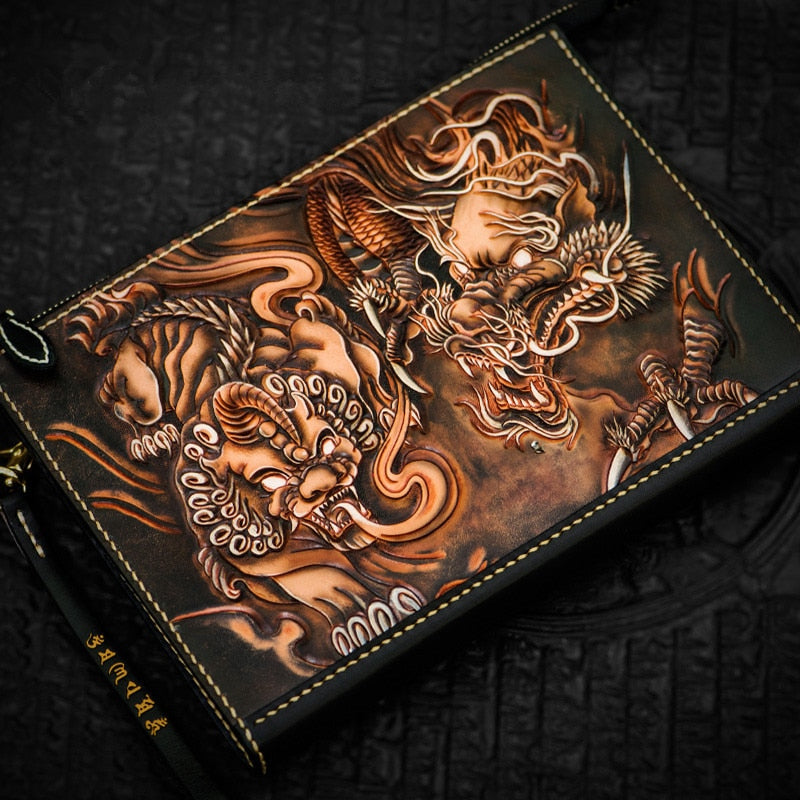 Men's Handmade Vegetable Tanned Leather Carvings Loong Brave Troops Handbag  -  GeraldBlack.com