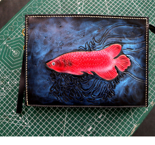 Men's Handmade Vegetable Tanned Leather Carvings Red Carp Handbag  -  GeraldBlack.com