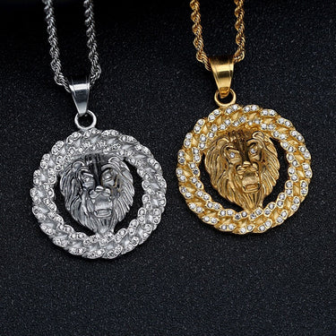 Men's Hip Hop Rhinestones Paved Bling Iced Out Gold Color Stainless Steel Cuban Chain Lion Pendants  -  GeraldBlack.com