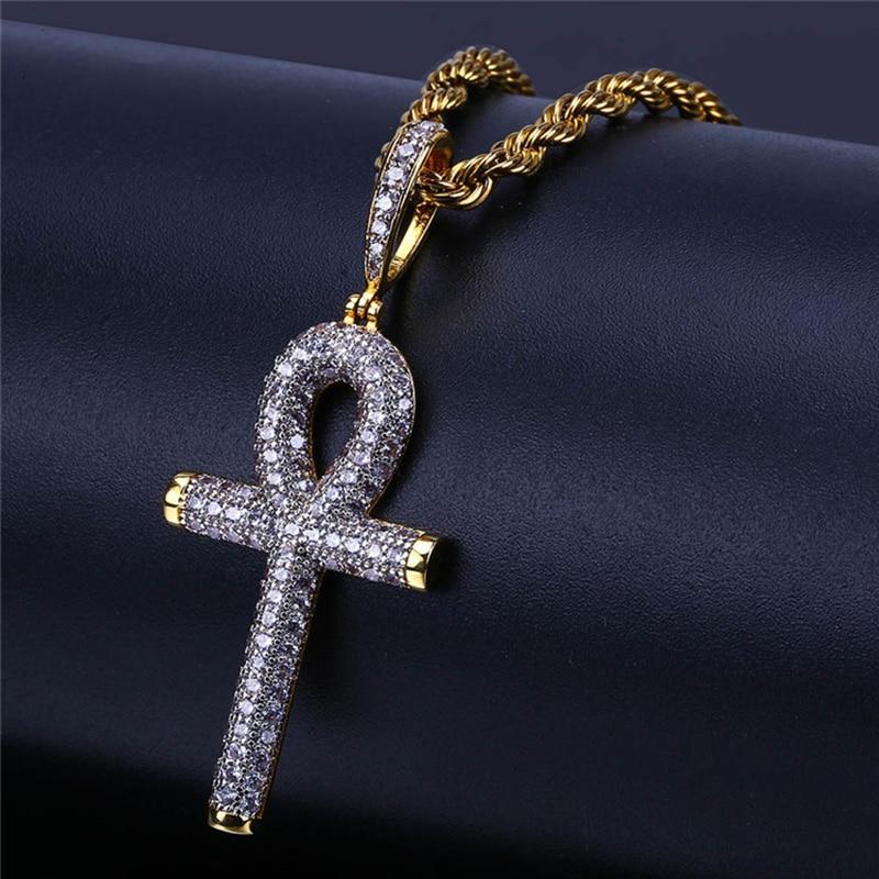 Men's Iced Out Egyptian Ankh Key Zircon Pendant Necklace With Gold Chain - SolaceConnect.com
