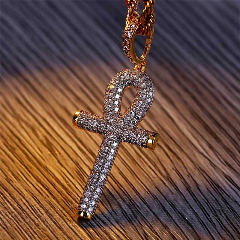 Men's Iced Out Egyptian Ankh Key Zircon Pendant Necklace With Gold Chain  -  GeraldBlack.com