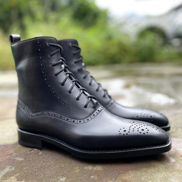 Men's Italian Calf Leather Black Welted Point Toe Motorcycle Ankle Boots  -  GeraldBlack.com