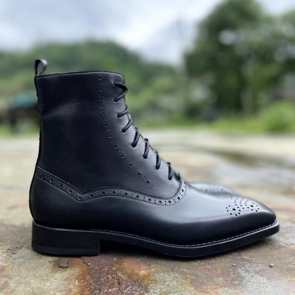 Men's Italian Calf Leather Black Welted Point Toe Motorcycle Ankle Boots  -  GeraldBlack.com