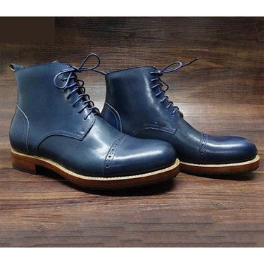 Men's Italian Handmade Dark Blue Welted Round Toe Laceup Ankle Boots  -  GeraldBlack.com