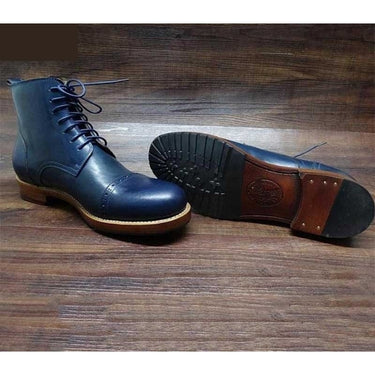 Men's Italian Handmade Dark Blue Welted Round Toe Laceup Ankle Boots  -  GeraldBlack.com