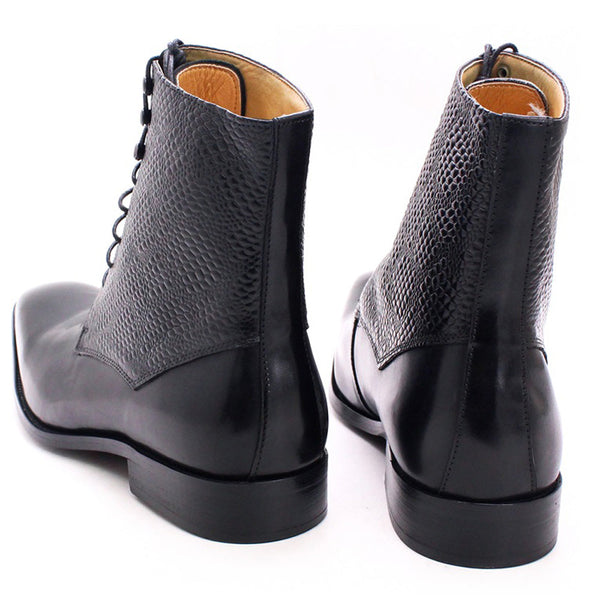 Men's Italian Leather Lace Up Pointed Toe Snake Print High Ankle Boots  -  GeraldBlack.com