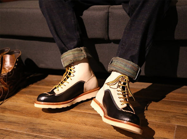 Men's Japanese Retro Patchwork Genuine Leather Round Toe Lace Up Boots  -  GeraldBlack.com