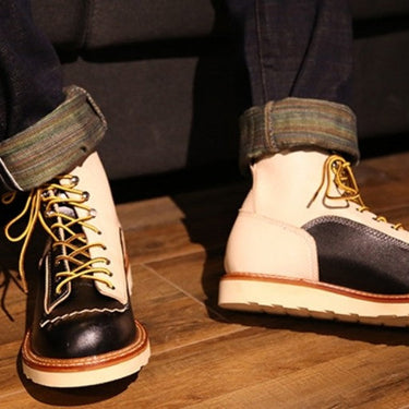 Men's Japanese Retro Patchwork Genuine Leather Round Toe Lace Up Boots  -  GeraldBlack.com