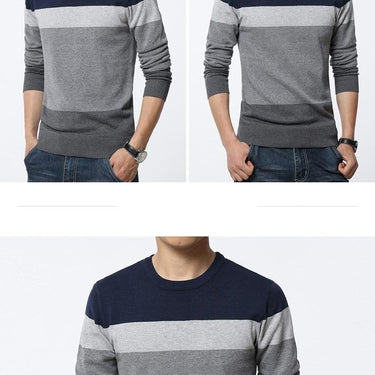 Men's Knitted Autumn Sweater O-Neck Slim Fit Pullover with Stripes - SolaceConnect.com