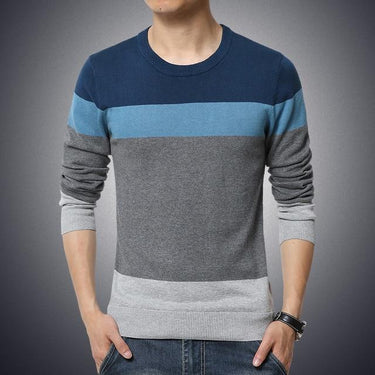 Men's Knitted Autumn Sweater O-Neck Slim Fit Pullover with Stripes - SolaceConnect.com