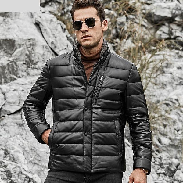 Men's Lambskin Fur Collar Duck Down Genuine Leather Jacket - SolaceConnect.com