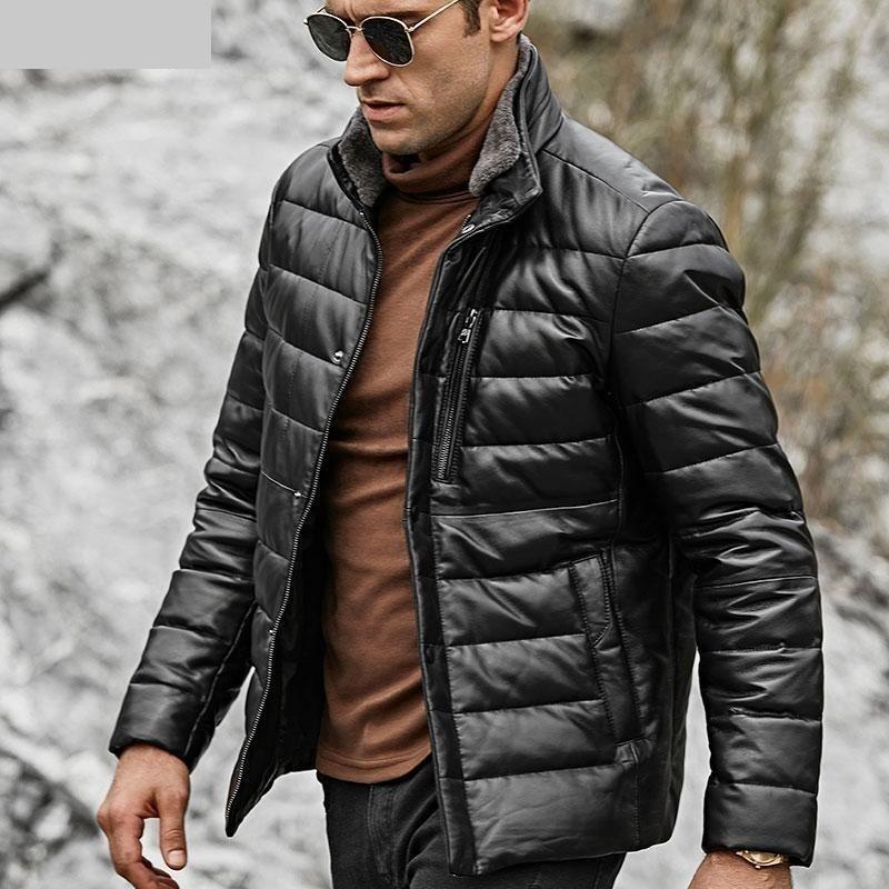 Men's Lambskin Fur Collar Duck Down Genuine Leather Jacket - SolaceConnect.com