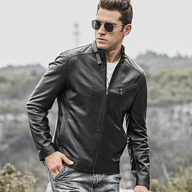 Men's Lambskin Motorcycle Slim Fit Stand Collar Real Leather Jacket - SolaceConnect.com
