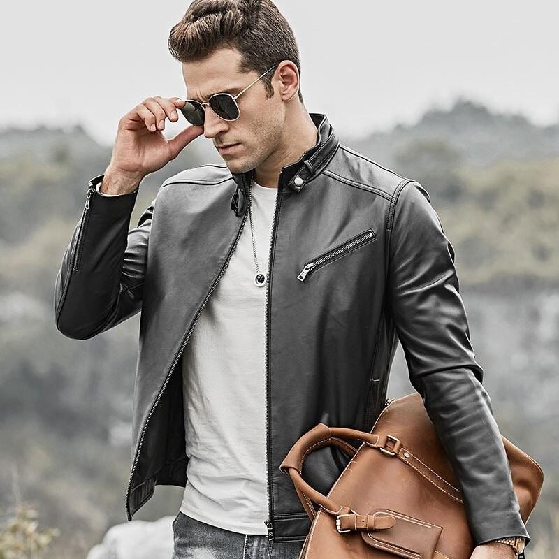 Men's Lambskin Motorcycle Slim Fit Stand Collar Real Leather Jacket  -  GeraldBlack.com